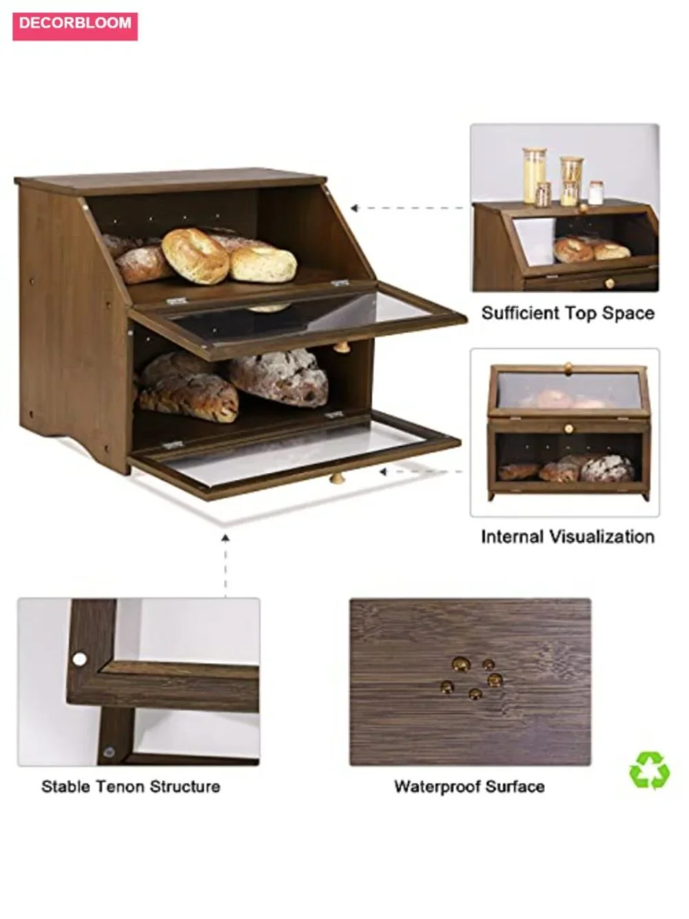 Double Layer Bamboo Bread Box with See-Through Window, Large Storage